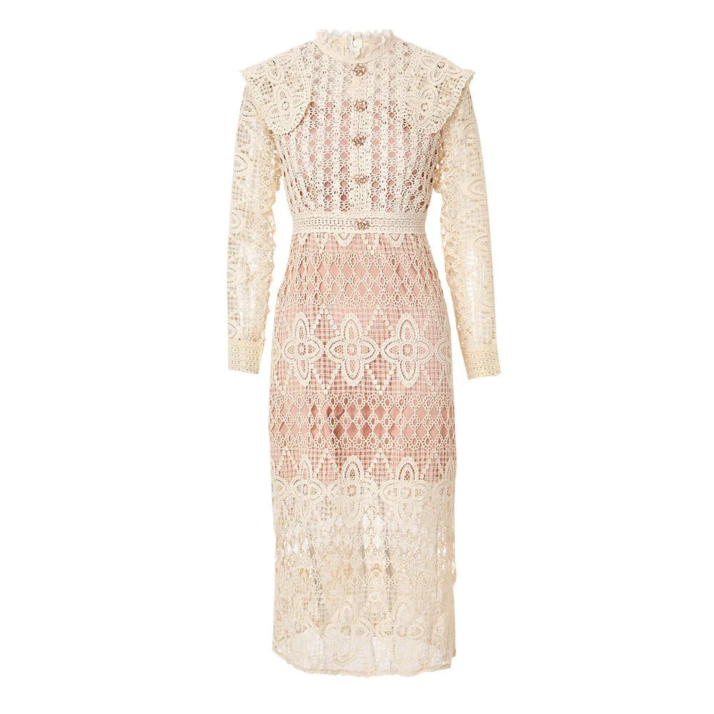 Spring Hollowed Out Design Long Sleeved Lace Dress for Women's Temperament and Elegant Slim Long Dresses with a Waist
