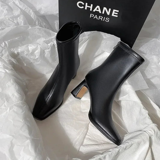 New Women's Ankle Boots Women Winter Black Sexy Square Head Low Heels Footwear Zip Comfy Short Boots White Stretch Tight Boots