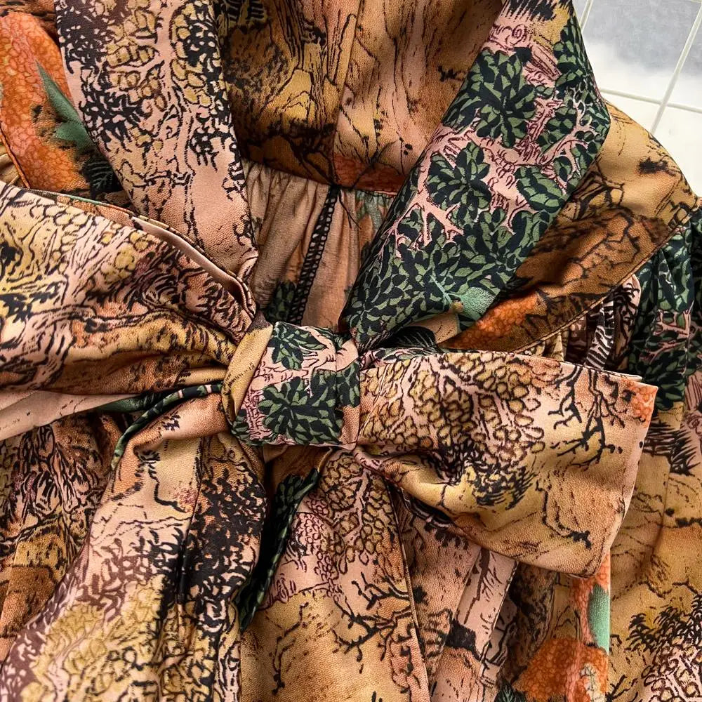 Elegant Casual A-Line Vintage Ruffle Print Long Dress Autumn Lantern Sleeve Party Boho Dresses Beach Holiday Female Vestidos