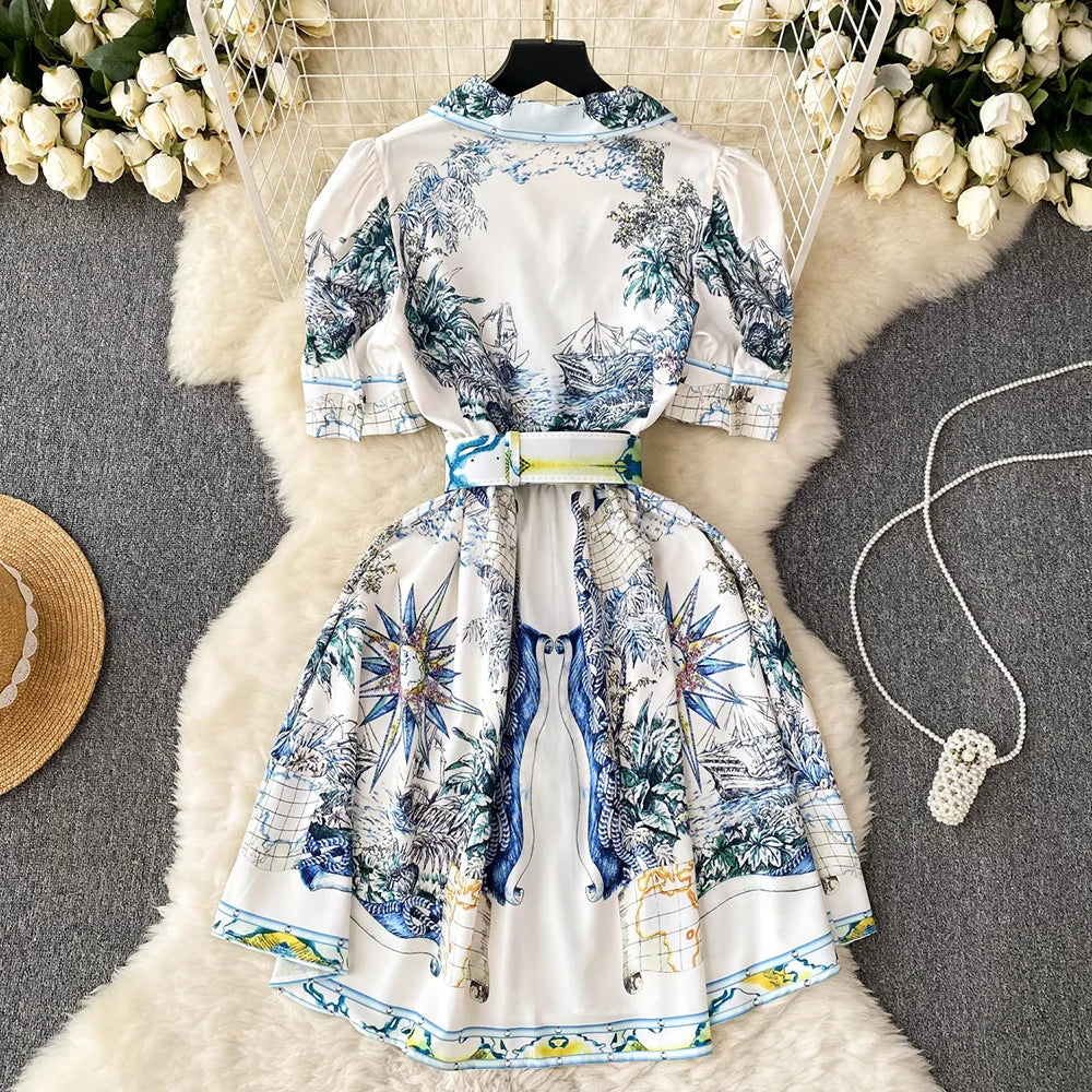 Women Dresses 2023 Short Puff Sleeve Fashion Vintage Print Dress Notched Lapel Front Button Up Elegant Shirt Dress With Belt