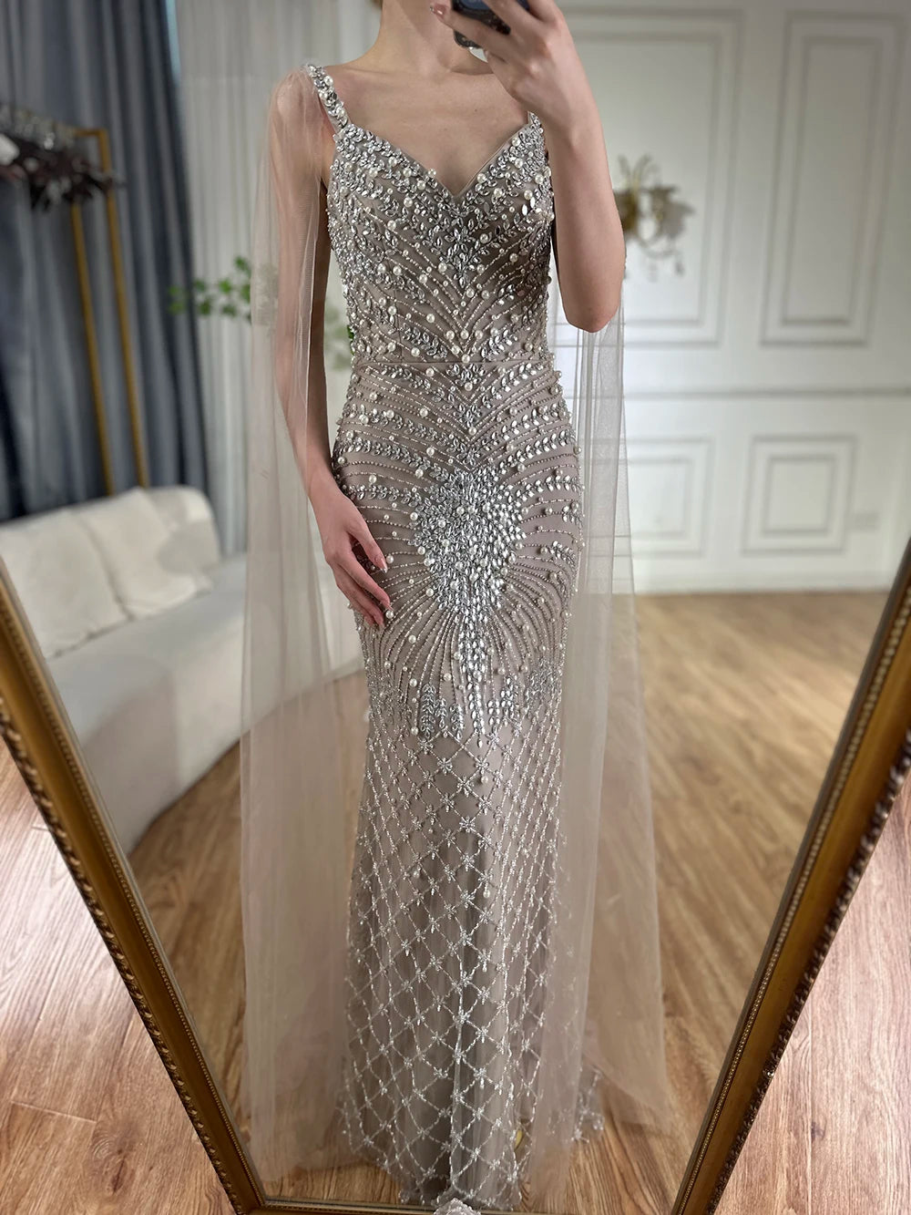 Serene Hill 2024 Arabic Nude Mermaid Cape Sleeve Beaded Luxury Saudi Evening Gown for Formal Occasion LA72748