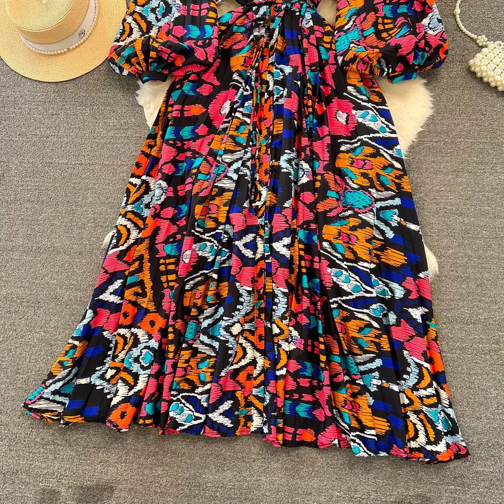 Elegant Women Casual Floral Print Party Dress Vintage Lantern Sleeve A-Line Pleated Prom Birthday Clothes Female Fashion Robe