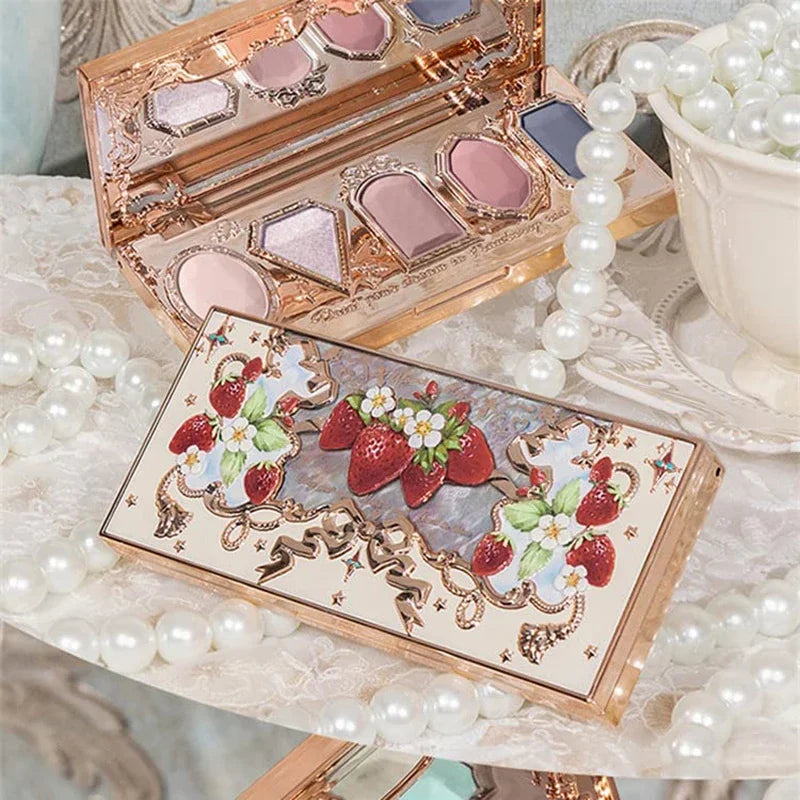 Flower Knows Strawberry Rococo Pressed Glitter Eyeshadow 5 Color Palette with Creamy Texture for Natural Makeup Eye Shadows
