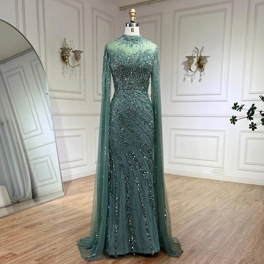 Serene Hill 2024 Nude Cape Sleeves Mermaid Lace Beaded Luxury Dubai Long Evening Dresses Gowns for Women Wedding Party BLA71885A