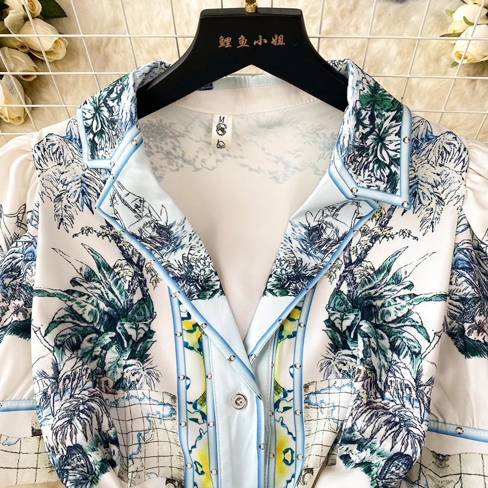 Women Dresses 2023 Short Puff Sleeve Fashion Vintage Print Dress Notched Lapel Front Button Up Elegant Shirt Dress With Belt