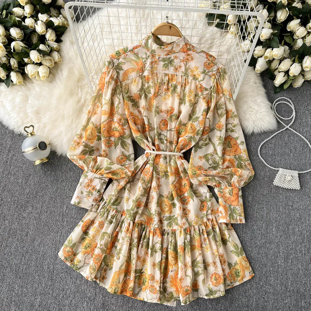 Elegant Party Dresses For Women Stand Collar Vintage Floral Print Dress Long Sleeve Holiday Beach Chiffon Mini Dress With Belt