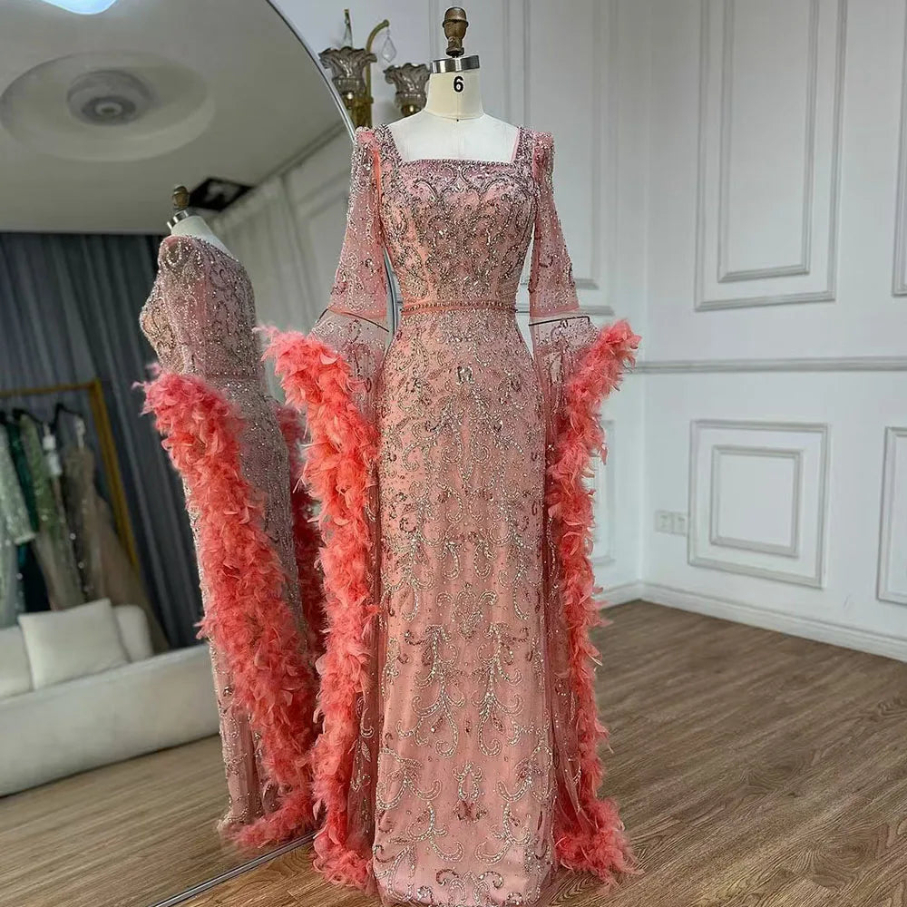 Serene Hill Flared Sleeves Mermaid Peach Beaded Feather Luxury Evening Dresses Gowns For Women's Party 2024 LA72767