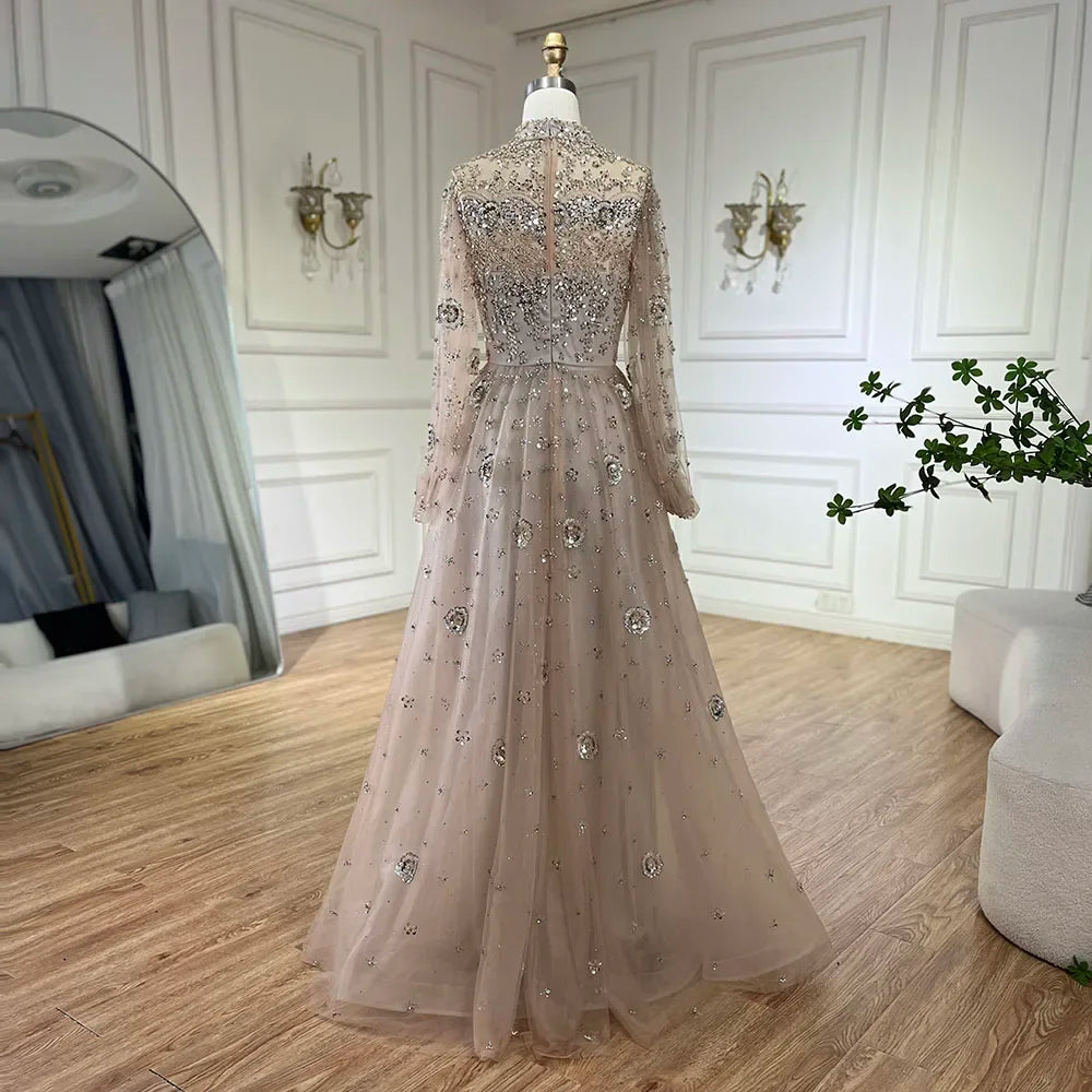 Serene Hill Muslim Nude A-Line Beaded Luxury Elegant Dubai Long Evening Gown for Women - Wedding Party 2024  LA72594