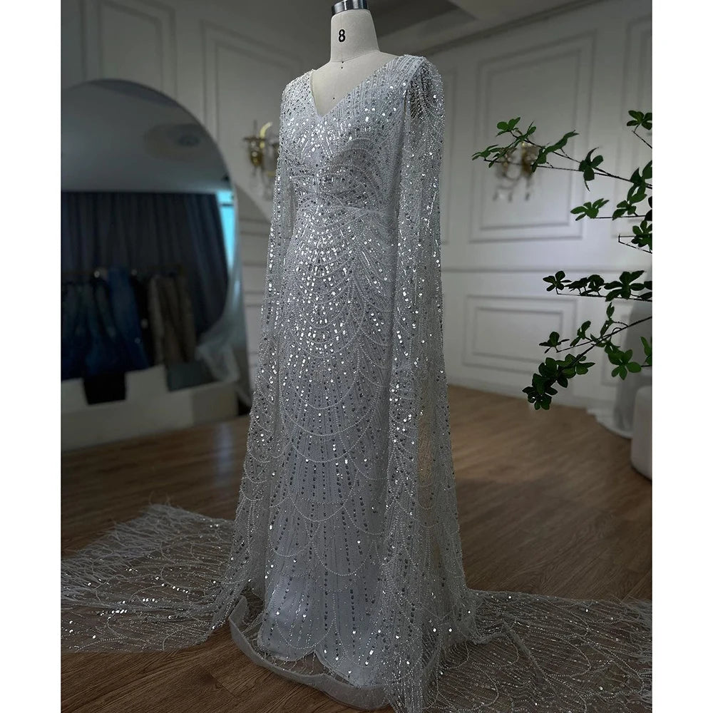 Serene Hill Arabic White Luxury Pearls Beaded Mermaid Cape Sleeves Evening Gowns 2024 For Women Wedding Party LA72160
