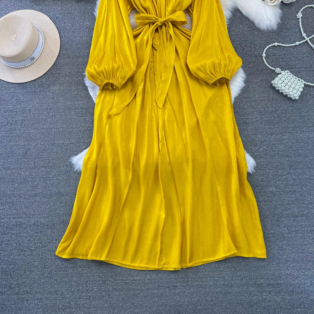 Autumn Elegant Women Fashion Party Long Dress Bow Lace Up Long Sleeve Evening Dresses A-Line Casual Vestidos One Piece Prom Robe