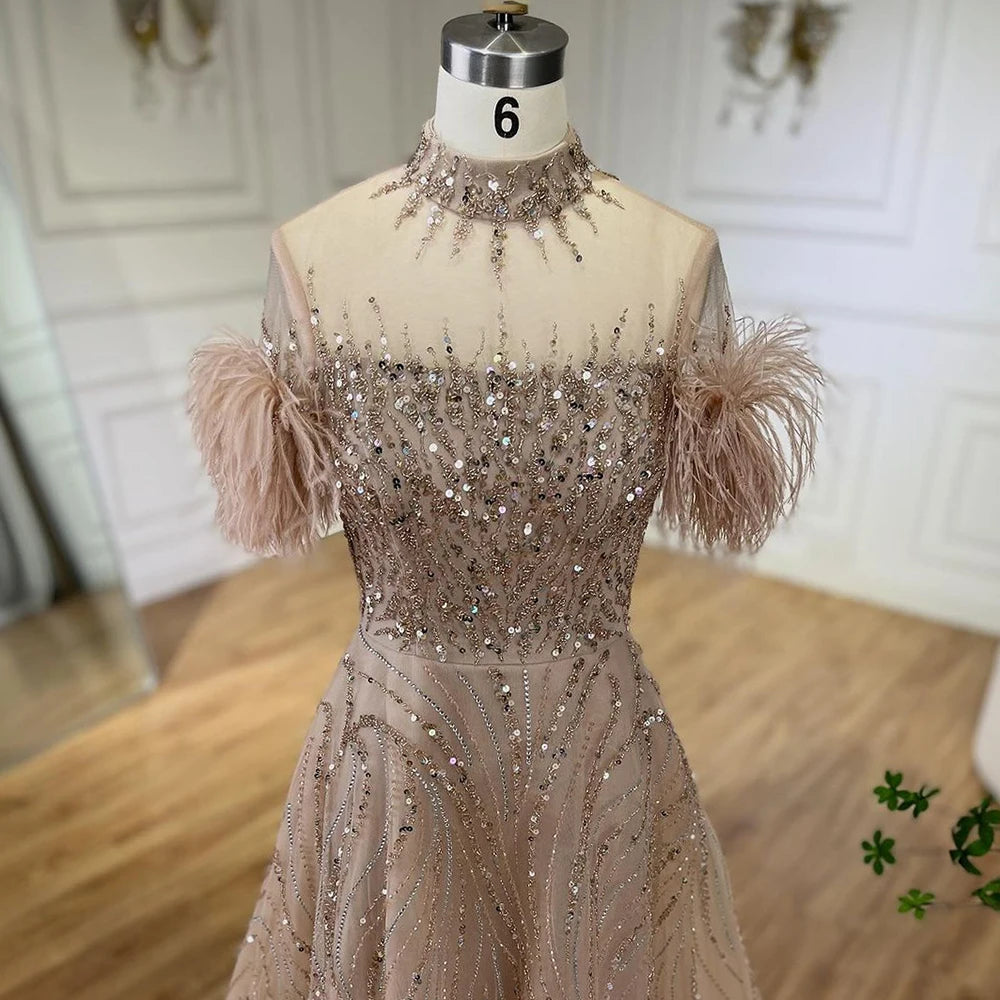 Serene Hill 2024 Arabic blue A Line Short Sleeveless Luxury Evening Dresses Beaded Feathers For Women Wedding Party LA72351