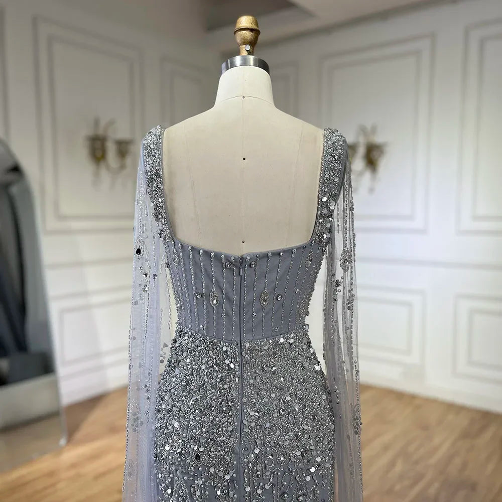 Serene Hill Arabic Gray Mermaid Beaded Luxury Dubai Long Evening Gown with Cape Sleeves Elegant for Women - Party 2024 BLA72592