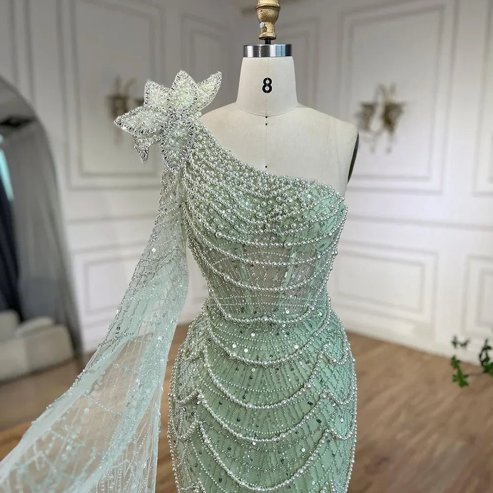 Serene Hill Sage Green Mermaid One Shoulder Pearls Luxury Dubai Arabic Evening Dresses Gowns For Women Wedding Party LA72511