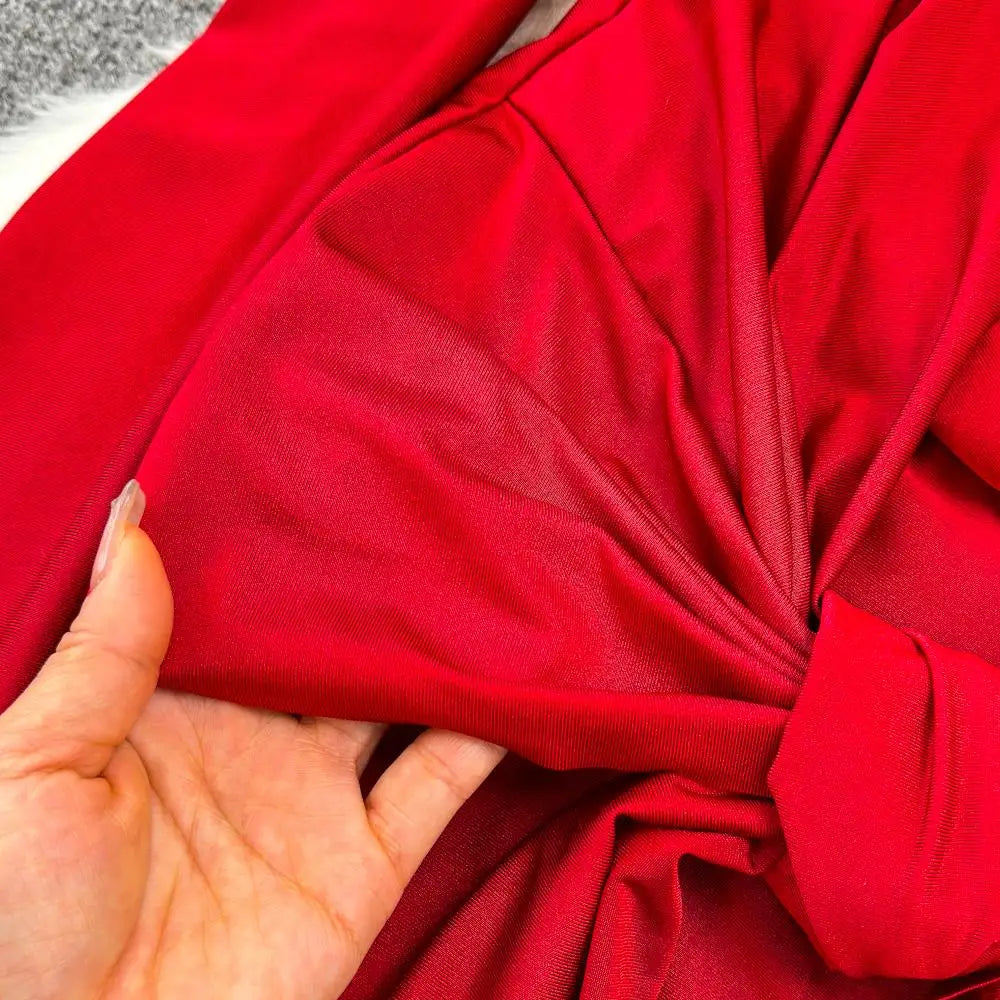 Autumn Solid Long Sleeve Party Dress for Women Sexy Bodycon Stand Collar Evening Dresses Bow Bandage Pleated Slim Waist Vestidos