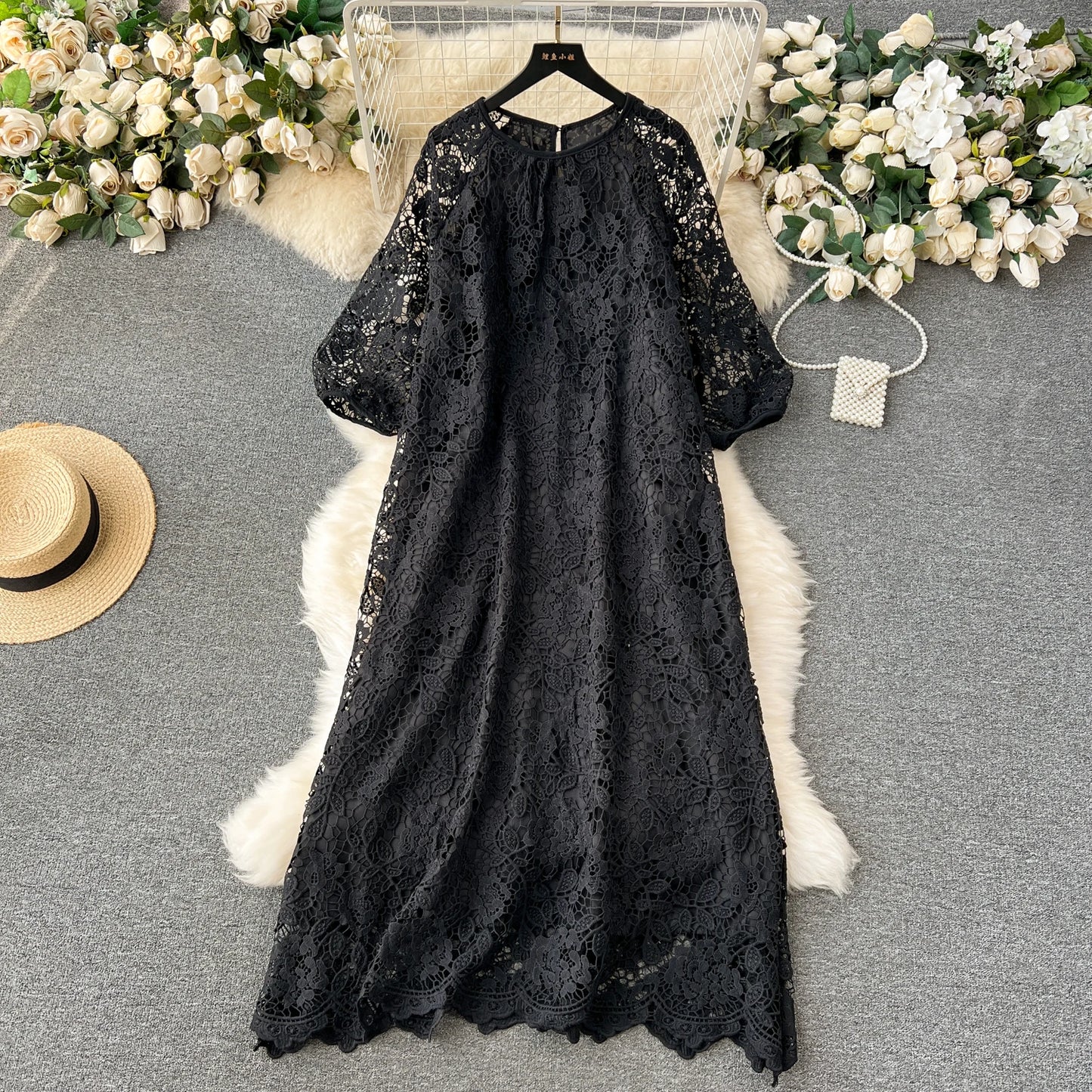 Chic Long Sleeve O Neck Lace Hook Flower Hollow Loose Dress Chiffon A-line Casual Dresses Fashion Women Elegant Vestidos