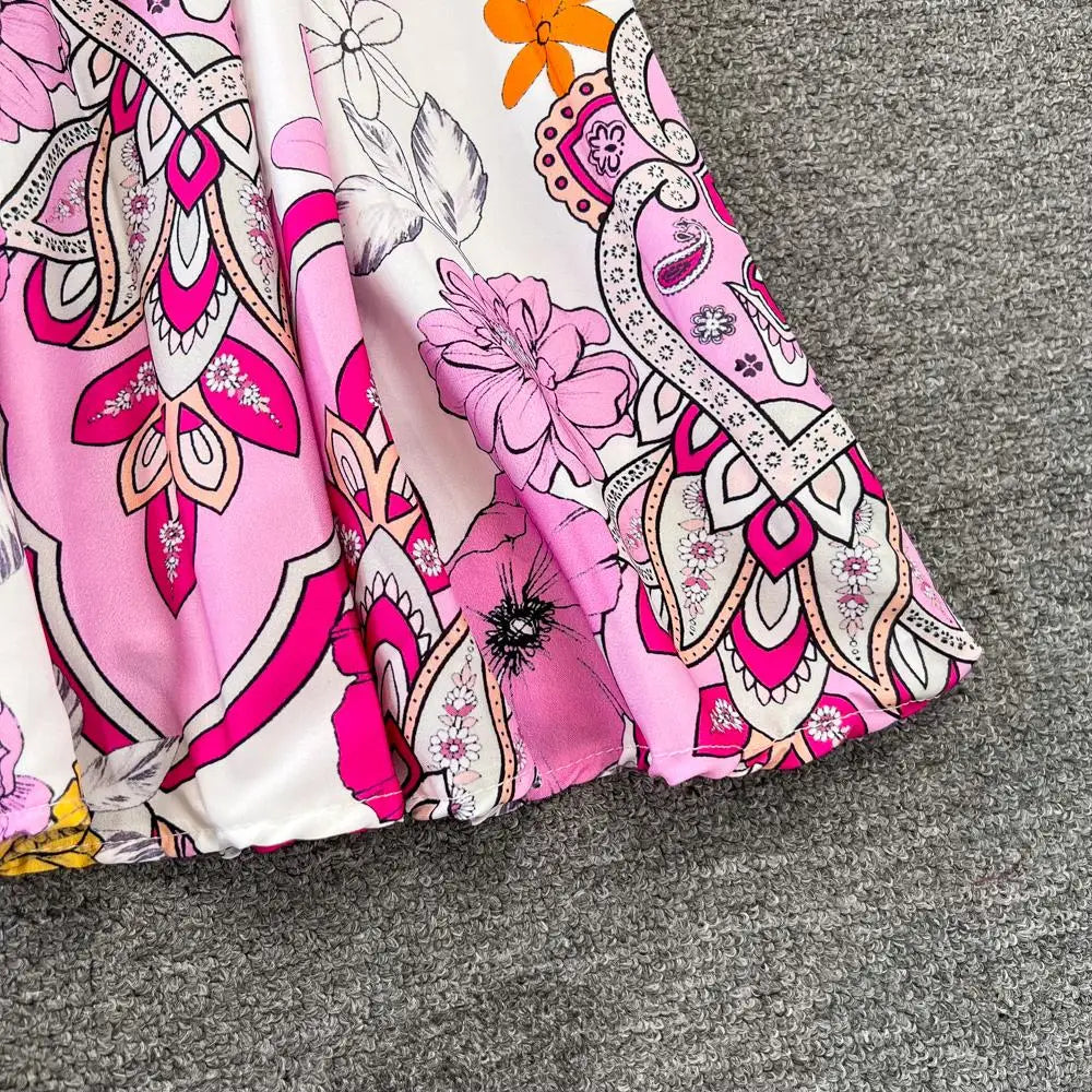 Elegant Women Casual Floral Print Party Dress Vintage Lantern Sleeve A-Line Pleated Prom Birthday Clothes Female Fashion Robe