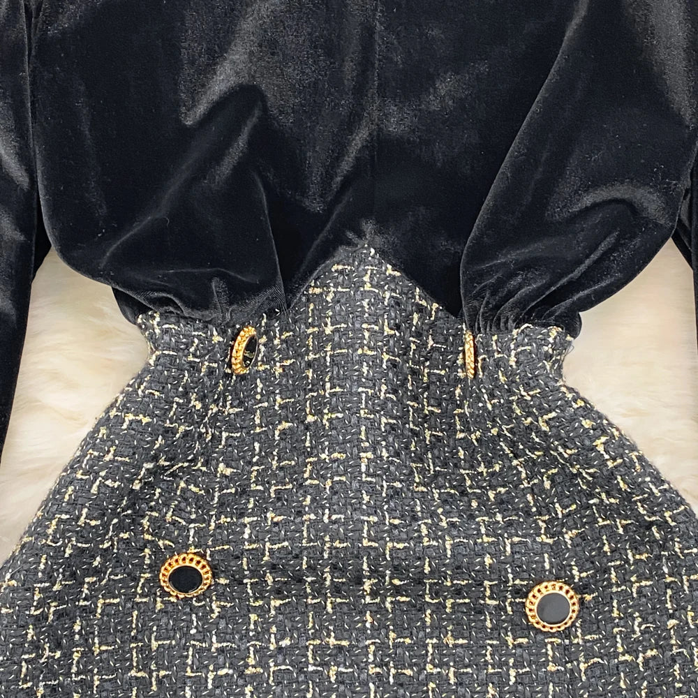 2024 Autumn Winter Vintage Dress Stand Up Collar Gold Velvet Long Sleeved Dress Patchwork Coarse Tweed A-line Dress