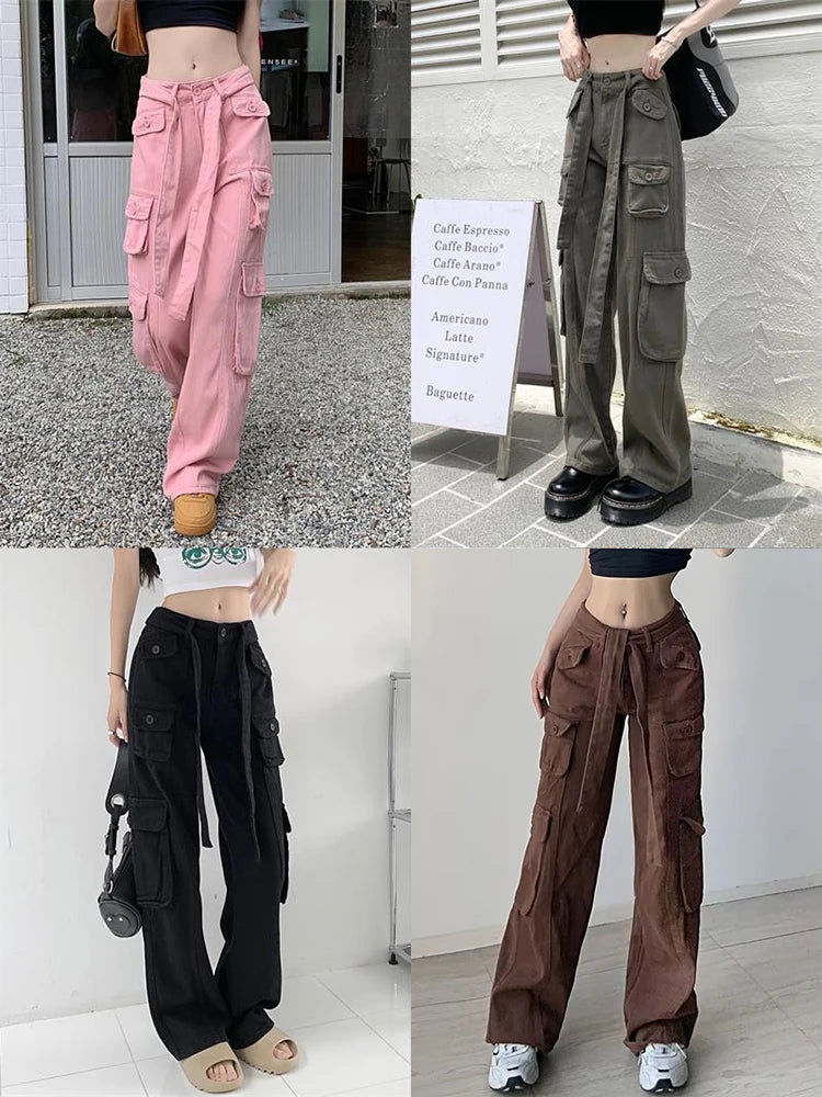 Women's High Waist Cargo Pants with Lace Belt Street Multi Pocket Straight Leg Casual Trousers Spring Autumn New Y2K Vintage
