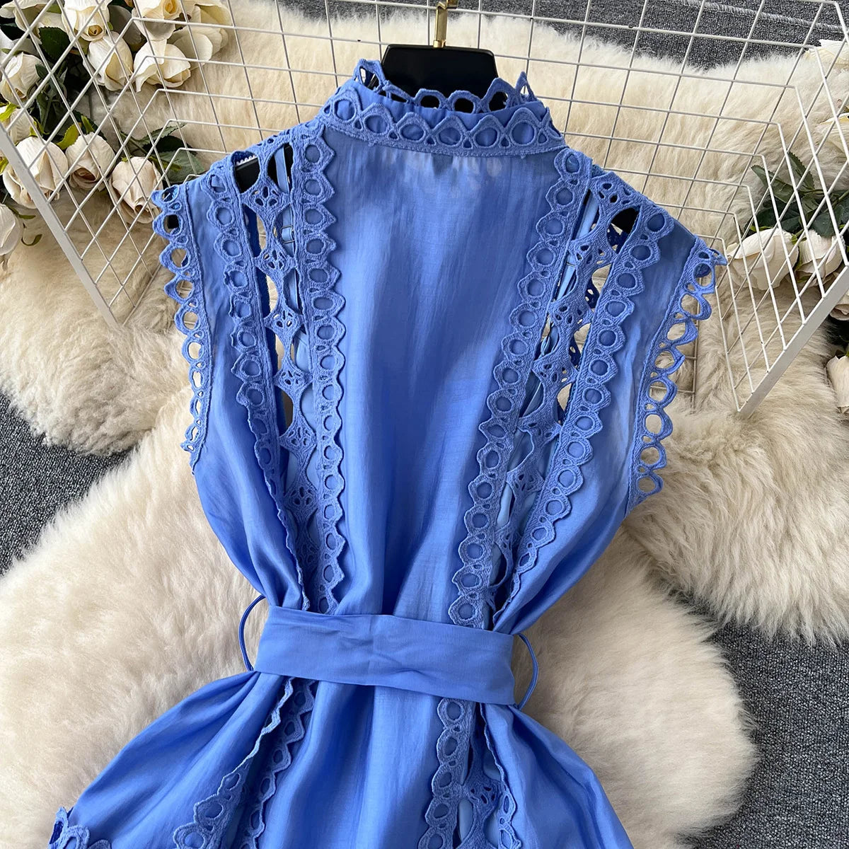 Summer Clothes Dresses For Women 2023 Elegant Vintage Embroidery Lace Dress Sleeveless Stand Neck Button Up Mini Dress With Belt