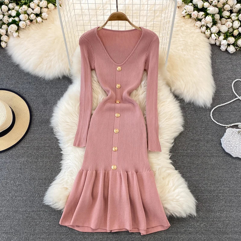 Chic V Neck Long Sleeve Elegant Mermaid Dress Sexy slim Evening Party French Fashion Knit Vestidos High Waist Autumn Slim Robe