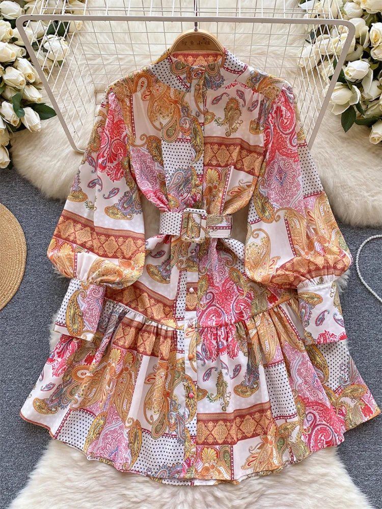New In Dresses 2024 Spring Vintage Paisley Print Vacation Bohemian Dress Women Stand Collar Long Sleeve Mini Dress With Belt