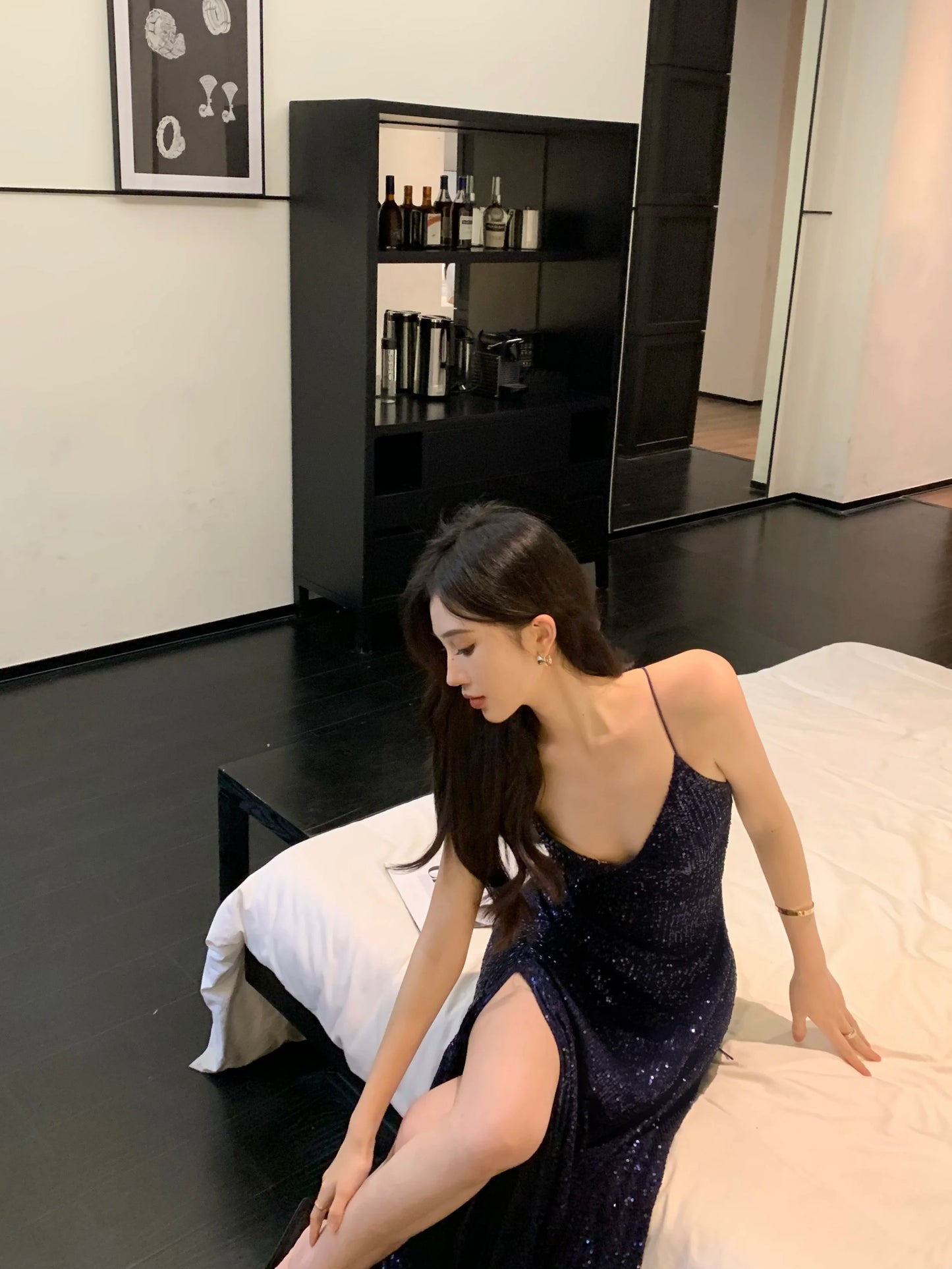 Women's Backless V-Neck Split Maxi Dress Sexy Slim Evening Gown Luxury Dresses Fashion Robe Birthday Party Spring Autumn New