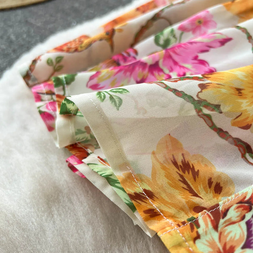 Spring Vacation Dresses For Women Long Sleeve Vintage Floral Print Dress Stand Collar Ruffle Hem Chiffon Mini Dress Tie Belt