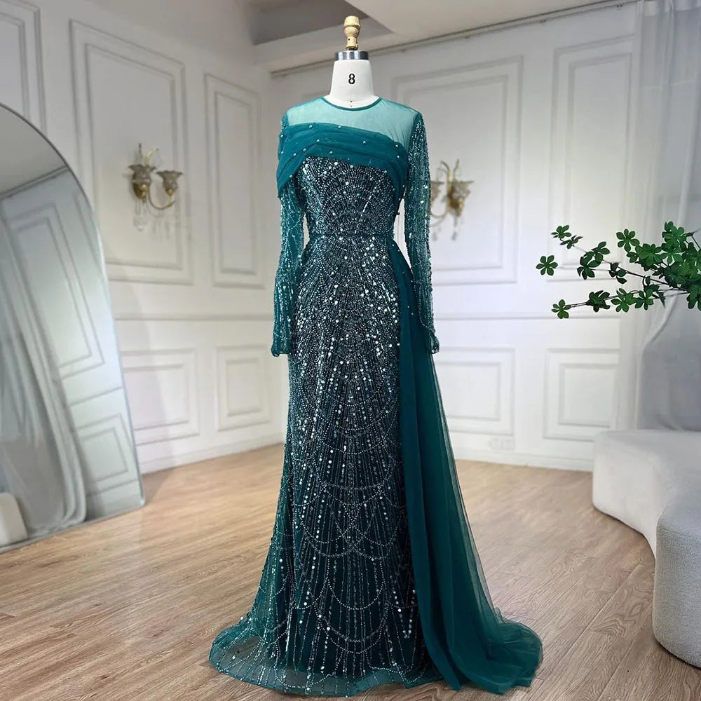 SERENE HILL 2024 Dubai Arabic Nude Mermaid Luxury Beaded Evening Dresses Gowns With Overskirt For Women Wedding Party GLA72254A