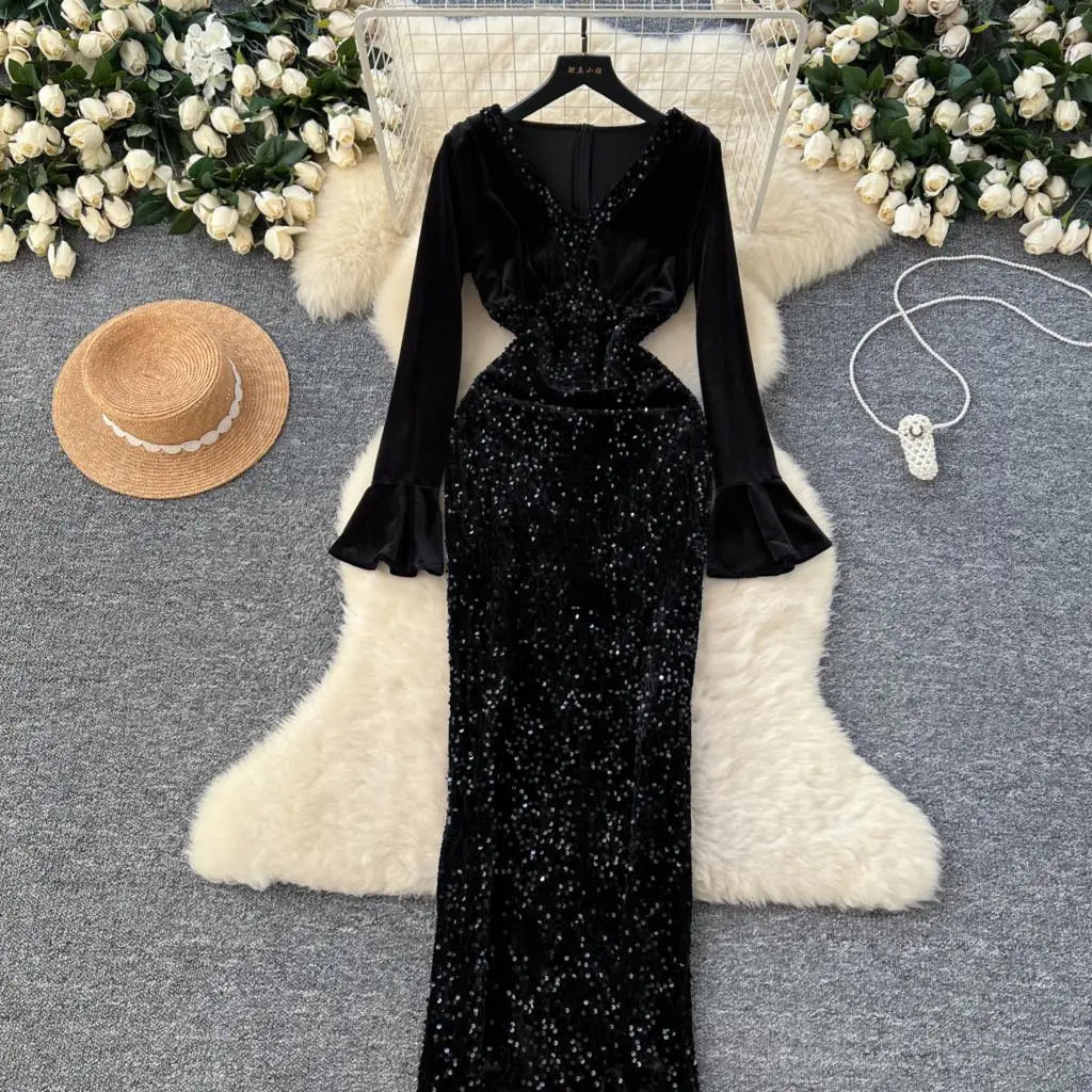 Women's Sexy Velvet Evening Gown Luxury Dresses V-Neck Flare Sleeve Split Long Dress Fashion Slim Robe Birthday Party Autumn New