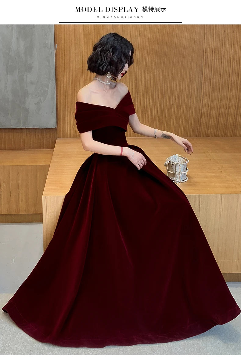 Lautaro Spring Long Luxury Elegant Wine Red Soft Velvet Evening Party Wedding Dresses for Women 2022 Off Shoulder Maxi Dress