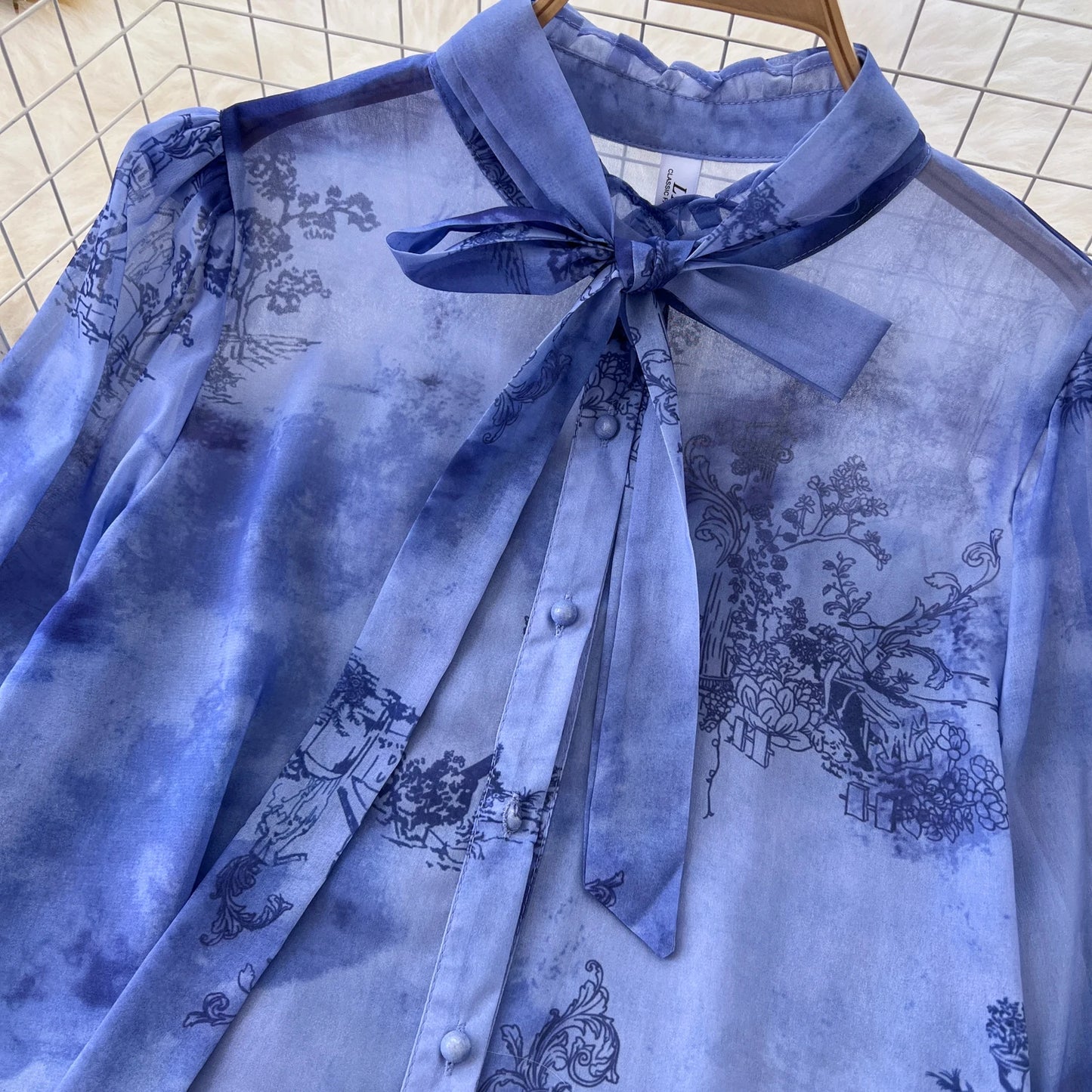 Women Chic Print Sweet Two Pieces Sets Bow Lantern Long Sleeve Top  High Waitst Wide Skirt Fashion Summer Sets