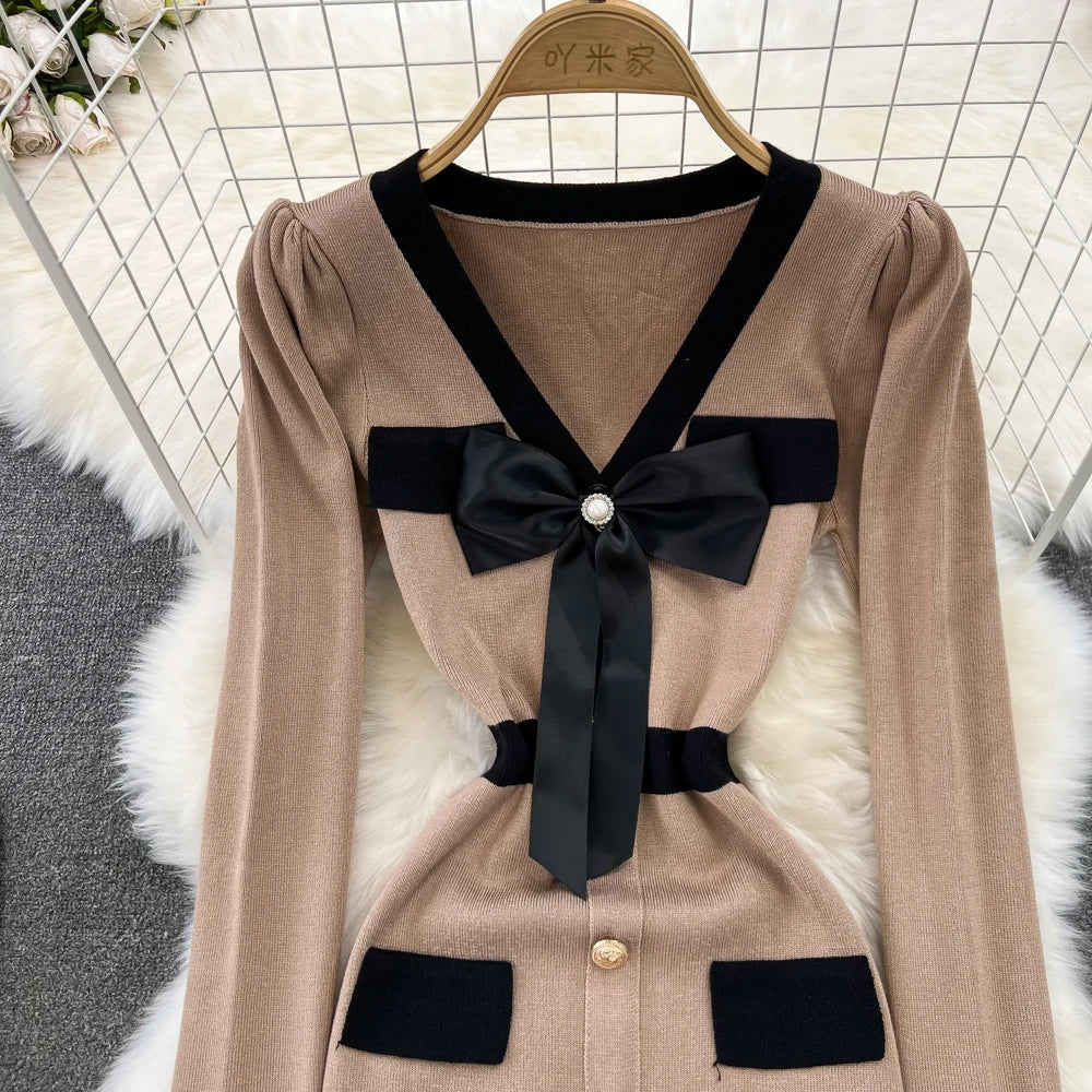 Women Elegant Butterfly Long Sleeve Bodycon V Neck Split Dress Vintage French Slim Knit Tight Vestido Autumn Winter Sweater Robe