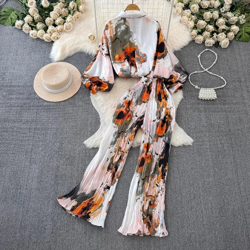 Neploe Fashion Lantern Sleeve Vintage Print Shirts Women+ High Waist Ruched Loose Wide Leg Pants 2024 Summer New Two Piece Sets