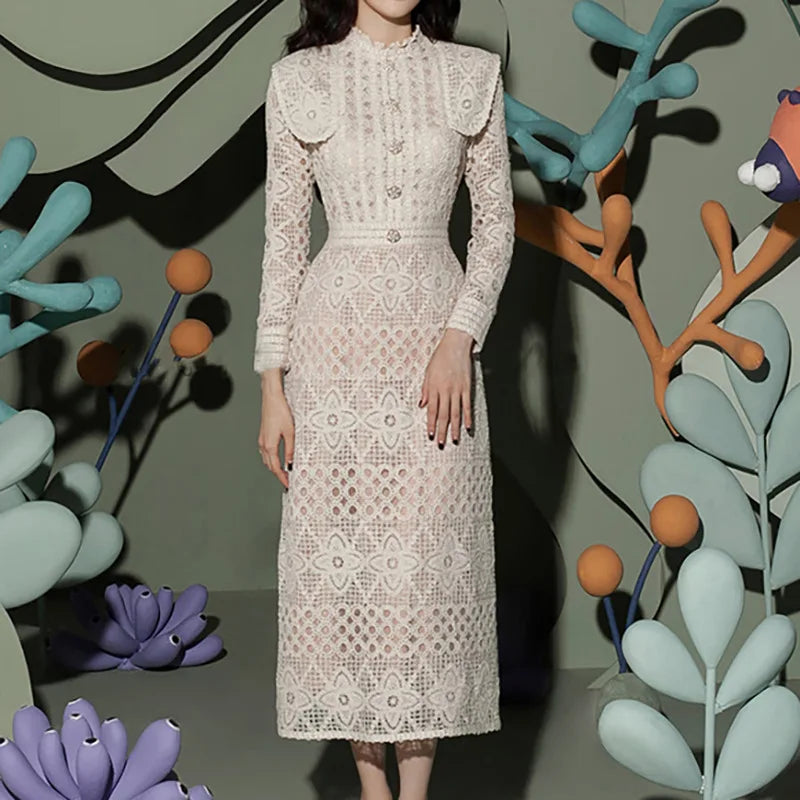 Spring Hollowed Out Design Long Sleeved Lace Dress for Women's Temperament and Elegant Slim Long Dresses with a Waist