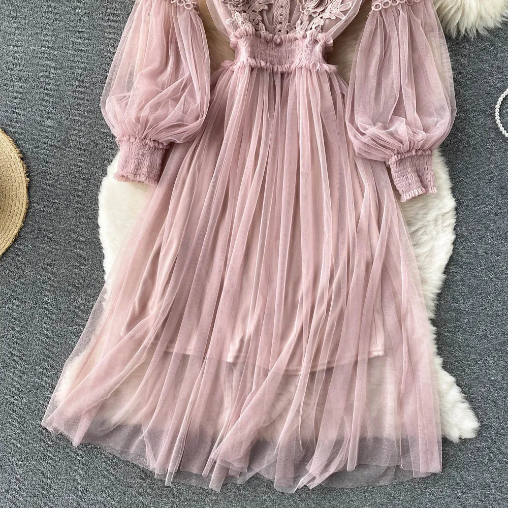 Retro Elegant Mesh Pleated two pieces Dress sets Sexy Fairy puff sleeve Summer Casual Vestidos Slim Women Evening Party Dress