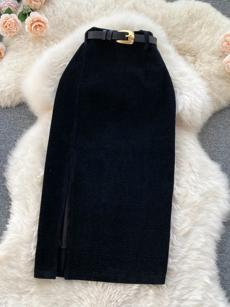 XFPV Women Korean Split Mid-calf Length High Waist Slim Package Hip A-line Skirt 2023 Fashion New Tide Spring Summer SM5066