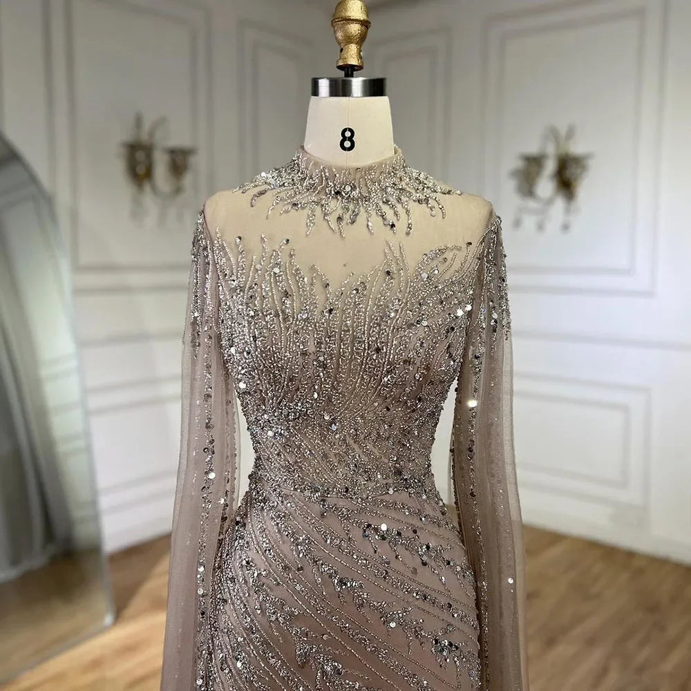 Serene Hill 2024 Nude Cape Sleeves Mermaid Lace Beaded Luxury Dubai Long Evening Dresses Gowns for Women Wedding Party BLA71885A