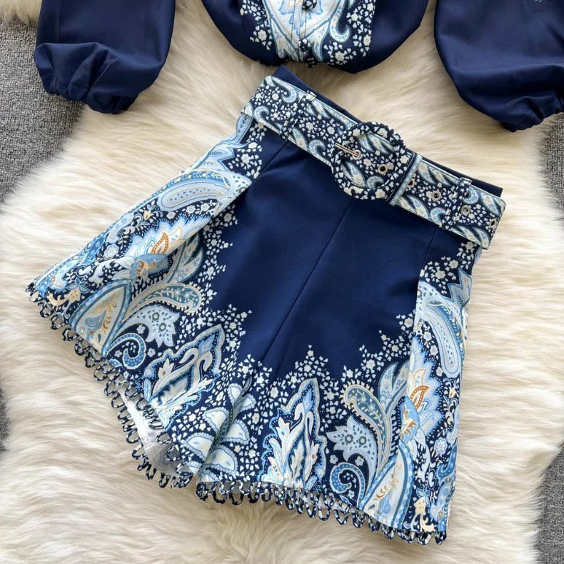 Spring Summer Retro Print Two Piece Set Women Lantern Sleeves Standing Neck Blouse Top+High Waist Wide Leg Shorts Elegant Suits