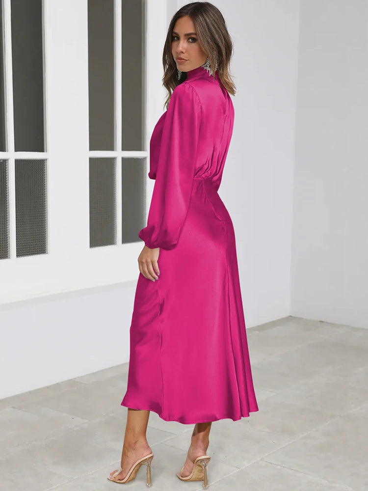 Spring Summer New High-End Satin Long Sleeved Dress Women's Ladylike Elegant Evening Dress Party Clothes Celebrity Dresses
