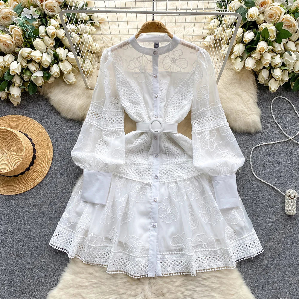 Spring Dresses 2024 Crochet Trim Cutwork Embroidery Mini Holiday Dress Women Stand Collar Long Sleeve Elegant Party Dresses