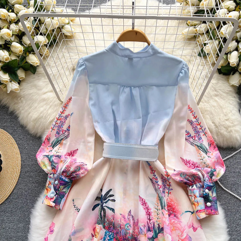 Chic Print Ruffle Elegant Puff Sleeve Dress A-line Casual Belt Beach Vacation Mini Dress Women Fashion Summer Spring Vestidos