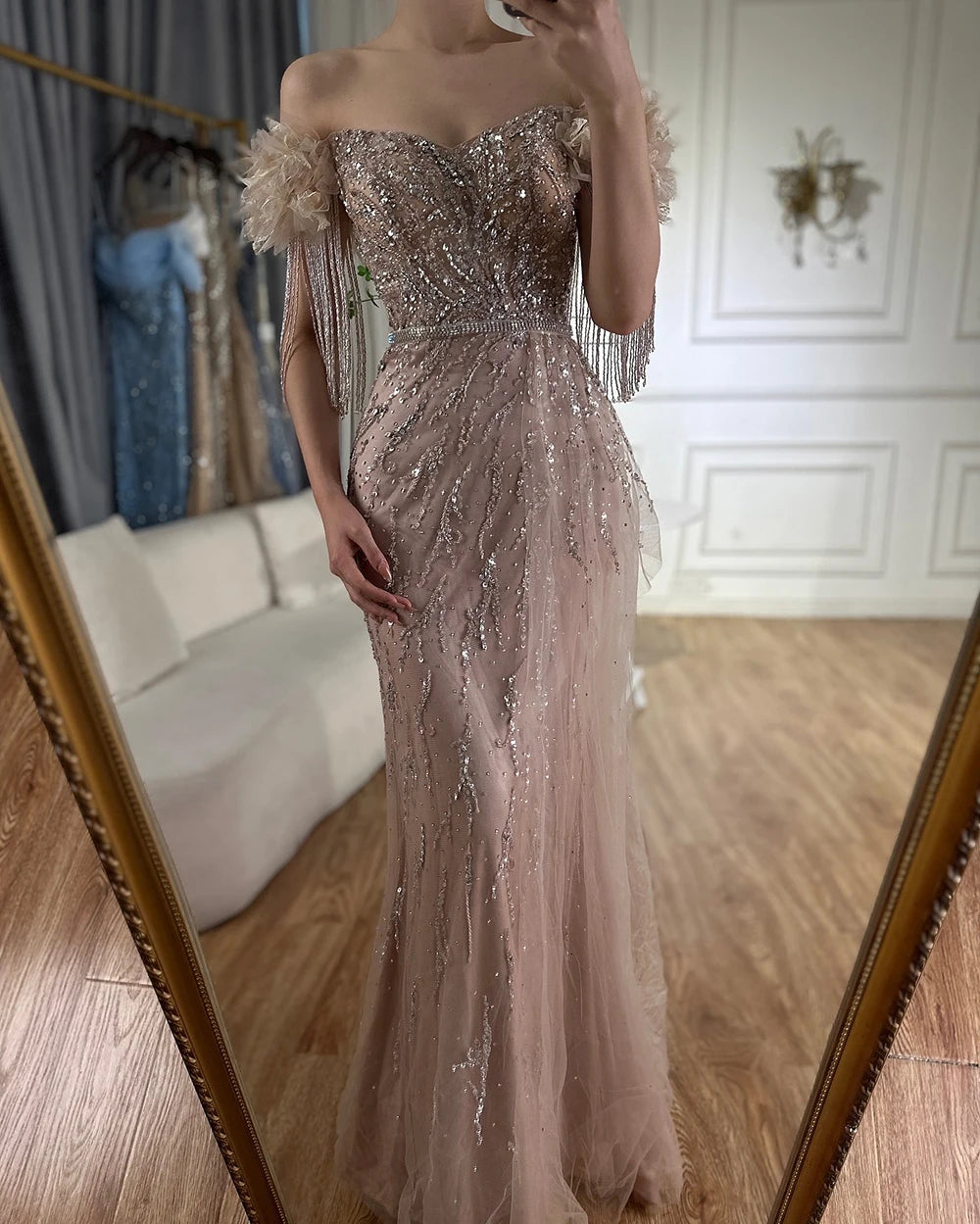 Serene Hill Arabic Dubai Nude Mermaid Luxury Evening Dresses Gowns Boat Neck Beaded Tassel For Women Wedding Party 2024 LA72260