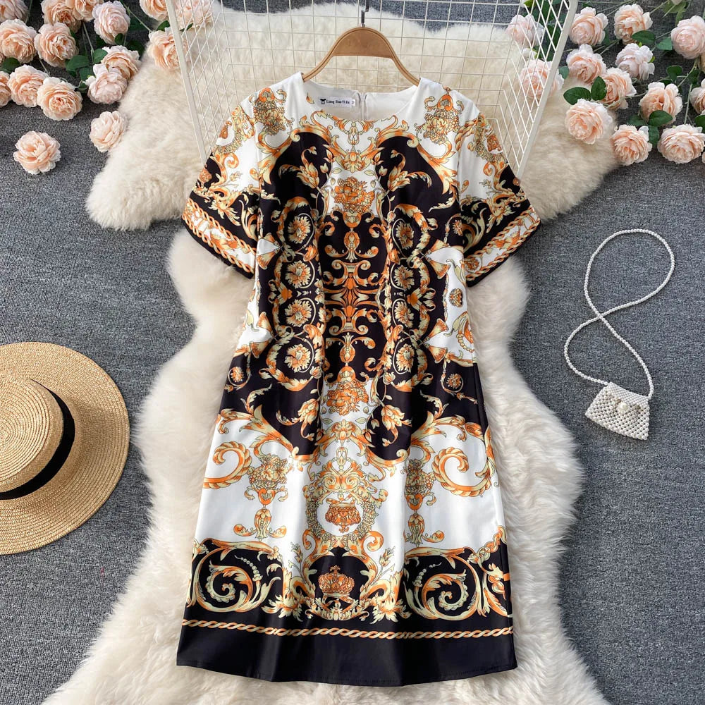 Summer Dresses Fashion Women Clothing 2023 Wedding Party Elegant Vintage Print Dress Round Neck Short Sleeve Straight Mini Dress