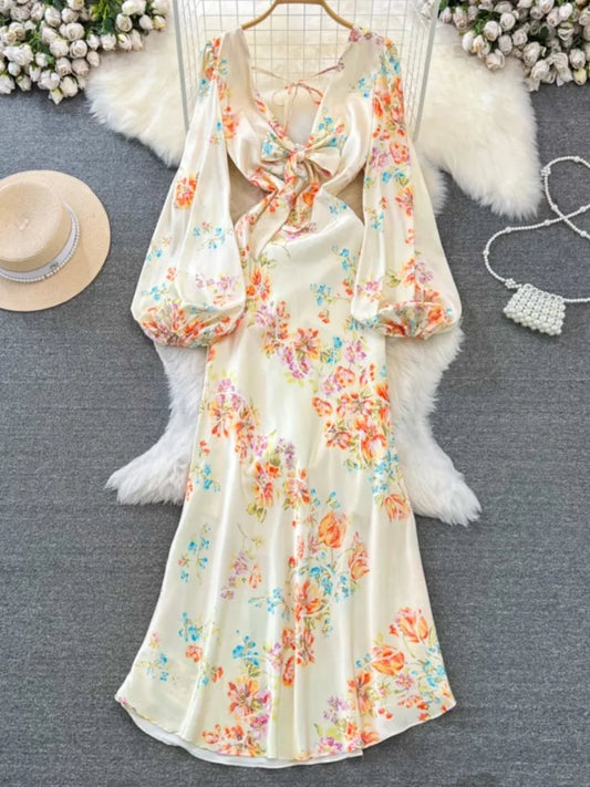 Sexy Bodycon Satin Floral Long Dresses for Women Lantern Sleeve V-Neck Slim Mermaid Evening Party Dress Prom Robe New Vestidos