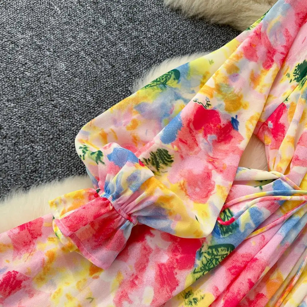 Elegant Floral Print Party Dress for Women French O-Neck Embroidered Flares Lace Up Lantern Long Sleeves Chiffon Long Dresses