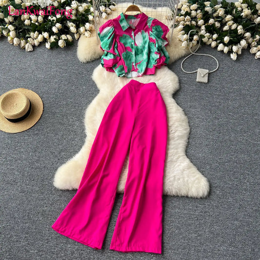 LKF Elegant Fashion Vacation Women's Set Short Lotus Leaf Sleeve Printed Button Up Shirt+High Waist Wide Leg Pants Two Piece Set