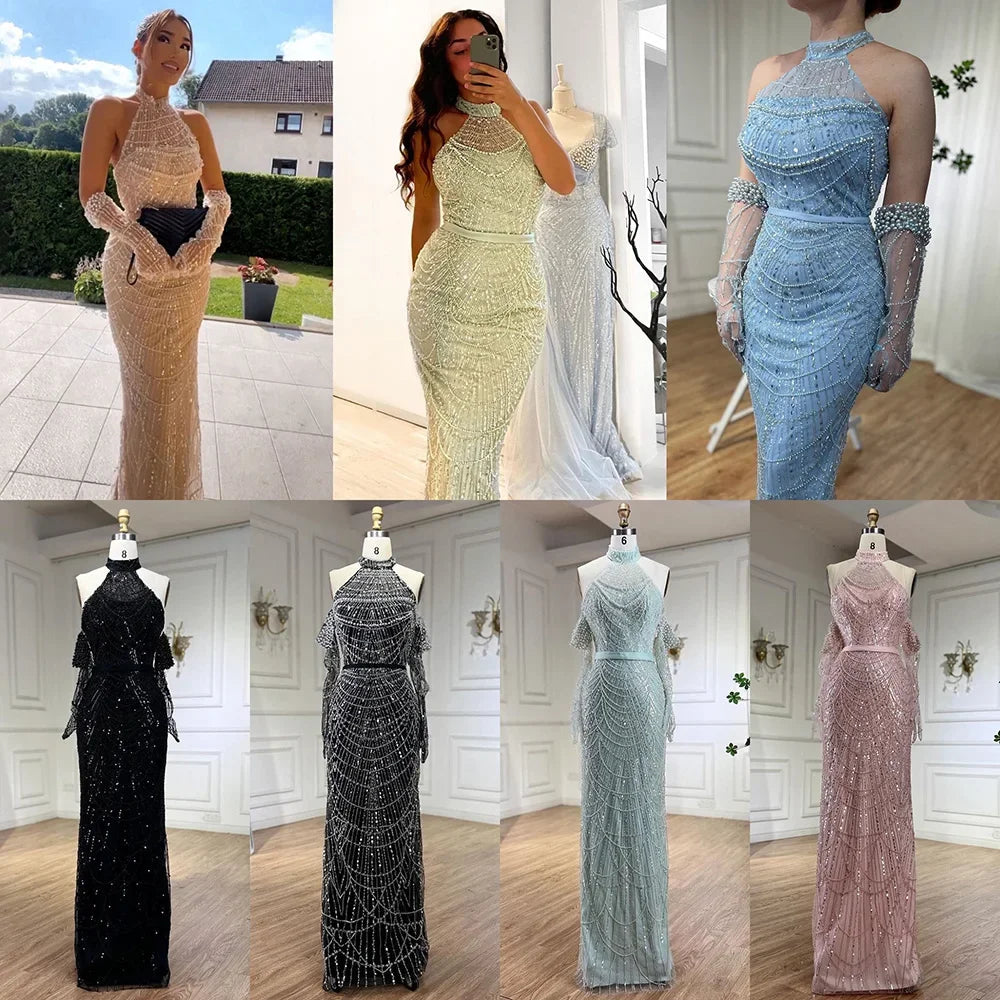 SERENE HILL Dubai Arabic Nude Mermaid With Gloves Luxury Beaded Evening Dresses Gowns 2024 For Women Wedding Party GLA72032A