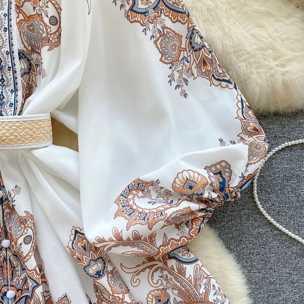 Holiday Dress For Women 2024 Bohemian Vintage Paisley Print Dress Spring 3/4 Sleeve V Neck Elegant Party Short Dresses With Belt