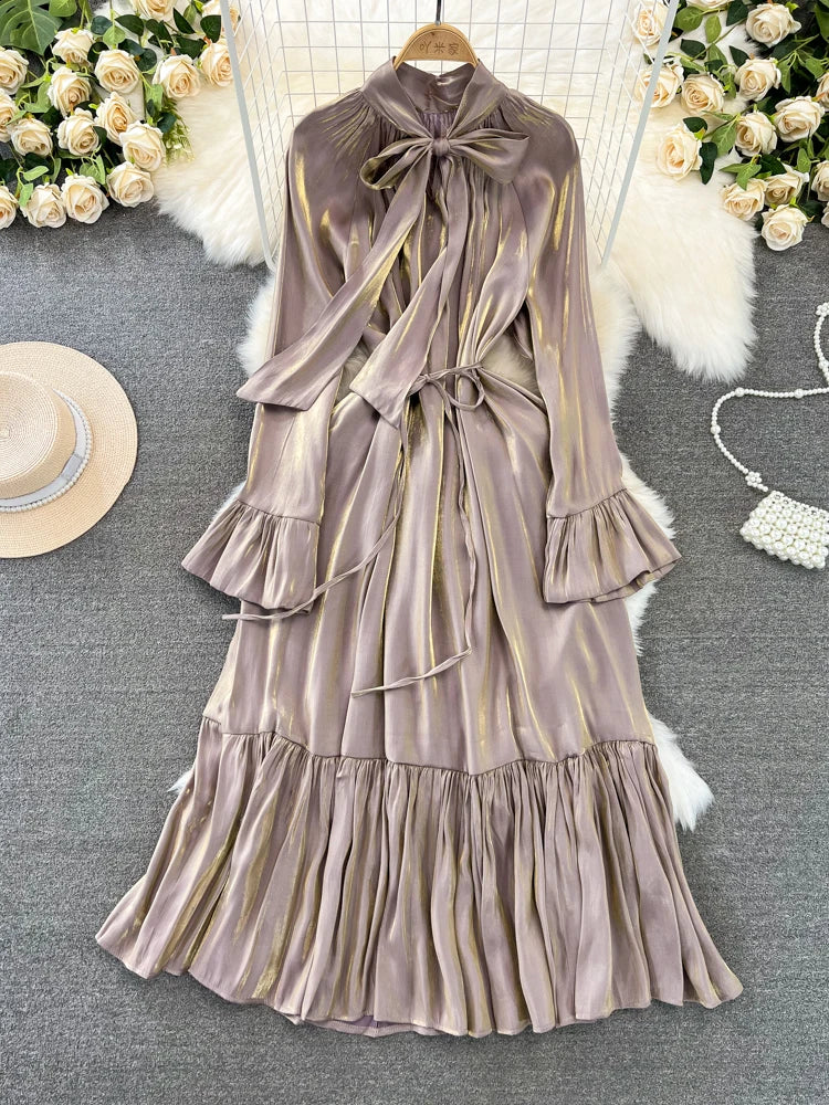 Elegant and Chic Solid Evening Dresses for Women Fashion New Bow Lace Up Flare Long Sleeve A-Line Vestidos Autumn Female Clothes