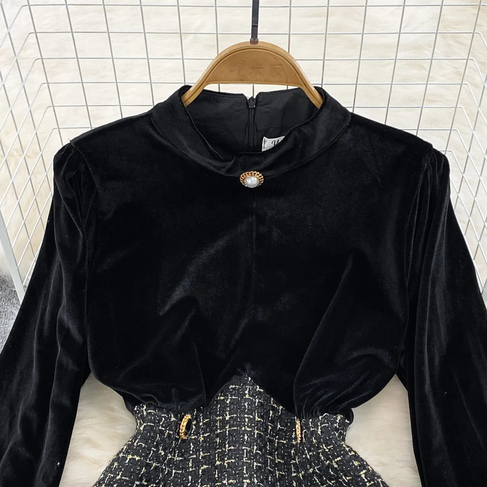 2024 Autumn Winter Vintage Dress Stand Up Collar Gold Velvet Long Sleeved Dress Patchwork Coarse Tweed A-line Dress